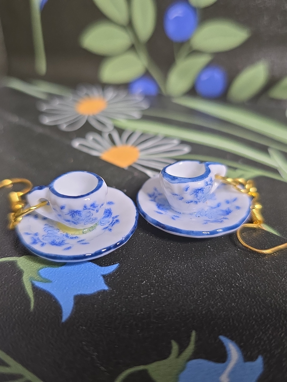 Blue Floral Teacup Earrings - Women's Jewelry